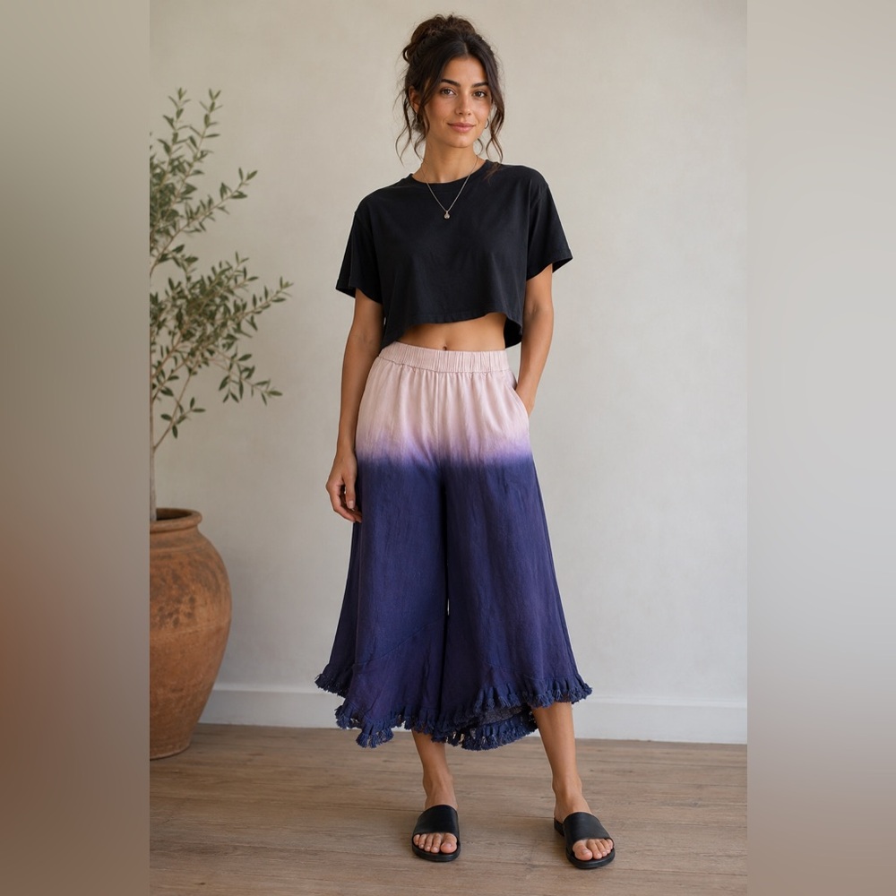 Umgee Ombre Wide-Leg Crop Pants in Pink and Purple